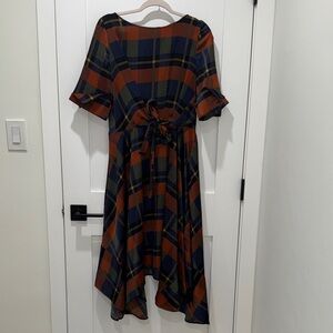 Eva Franco Plaid Midi Dress with Tie Waist